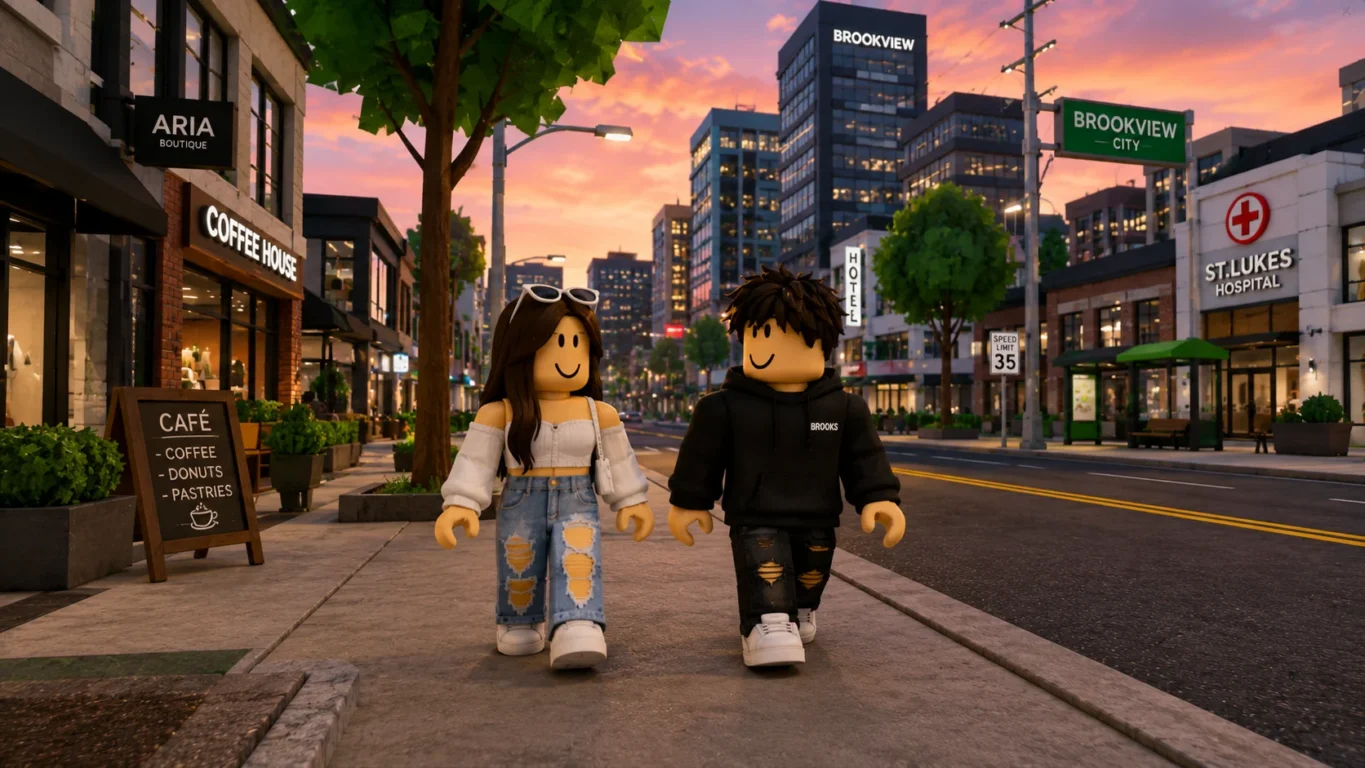 [Imagem: Dois personagens caminhando lentamente em uma cidade de roleplay no Roblox.]
