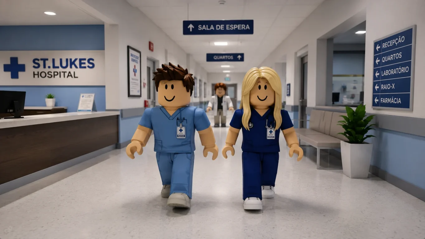 [Imagem: Personagens caminhando pelos corredores de um hospital dentro do Roblox.]