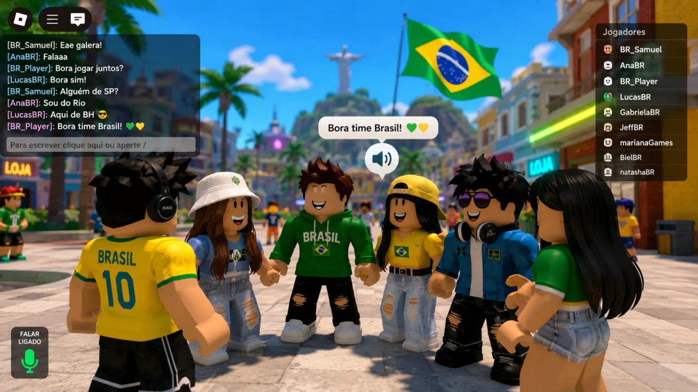[Imagem: Grupo de jogadores brasileiros reunidos em um mapa do Roblox conversando por chat de voz e texto.]