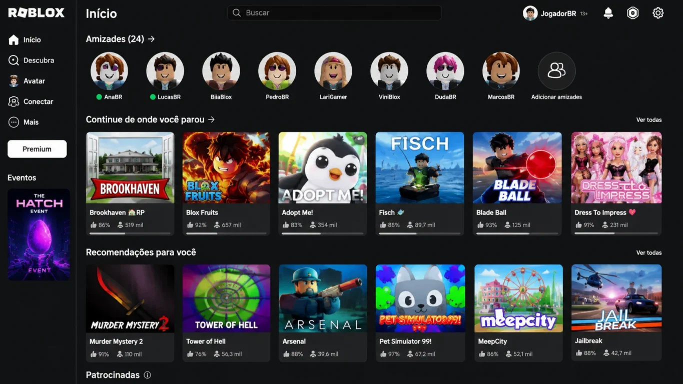 [Imagem: Tela inicial do Roblox exibindo diversos jogos populares entre jogadores brasileiros.]