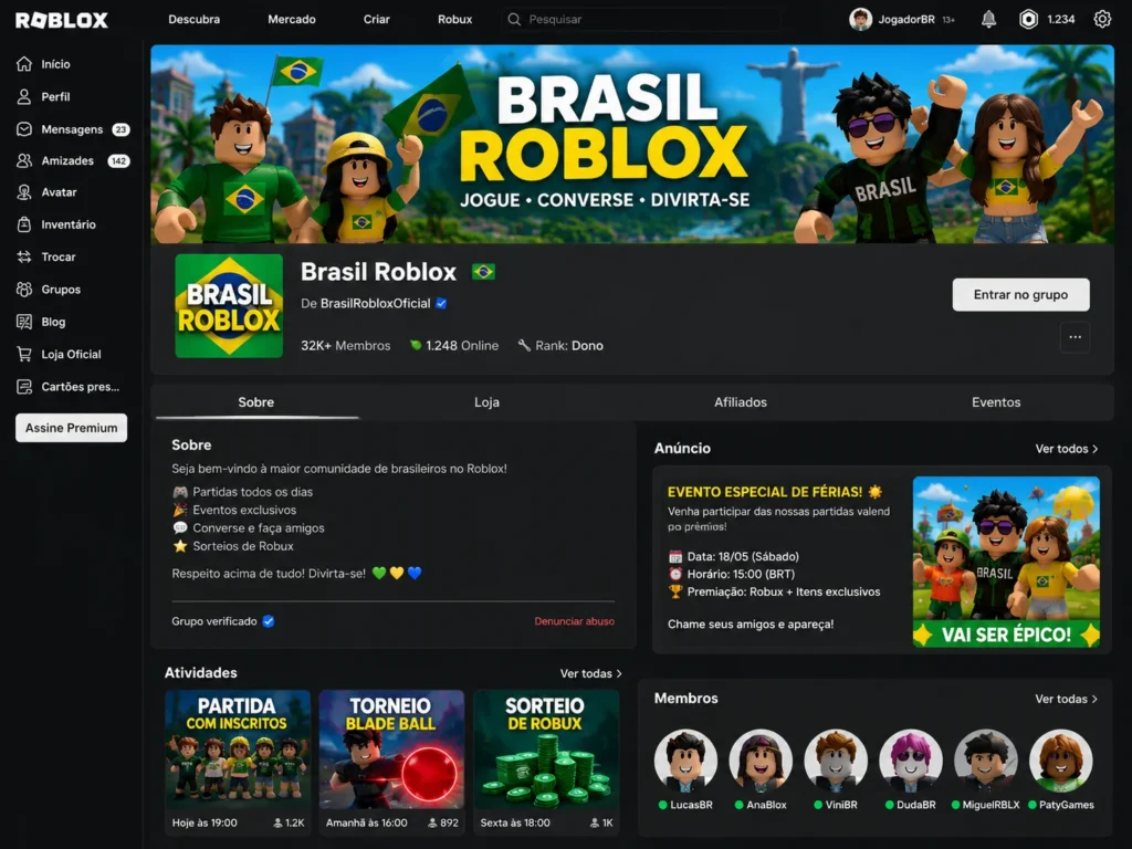 [Imagem: Página de um grupo brasileiro dentro do Roblox organizando partidas e eventos.]