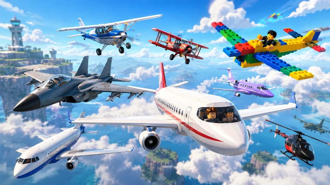 [Imagem: Diversos aviões do Roblox sobrevoando nuvens, mostrando caças, jatos comerciais e aviões personalizados.]