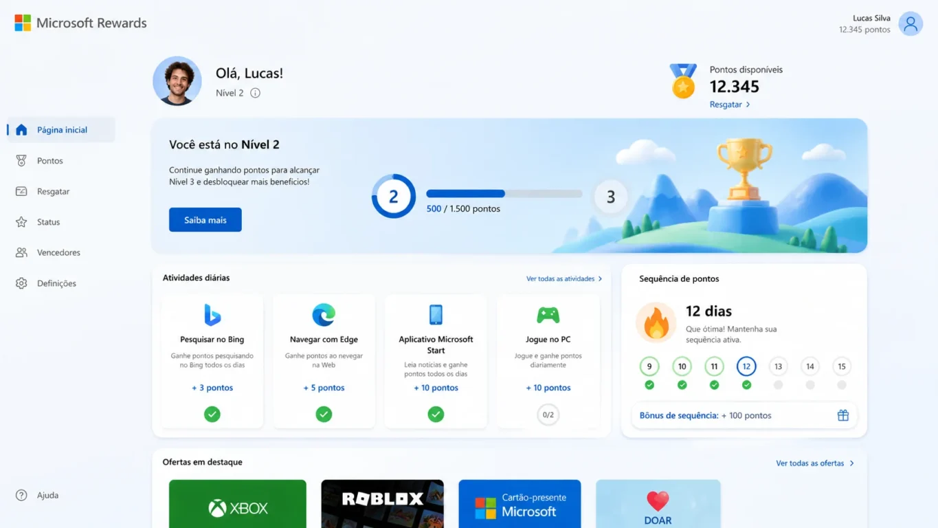 [Imagem: Tela ilustrando o painel do Microsoft Rewards mostrando pontos sendo acumulados.]