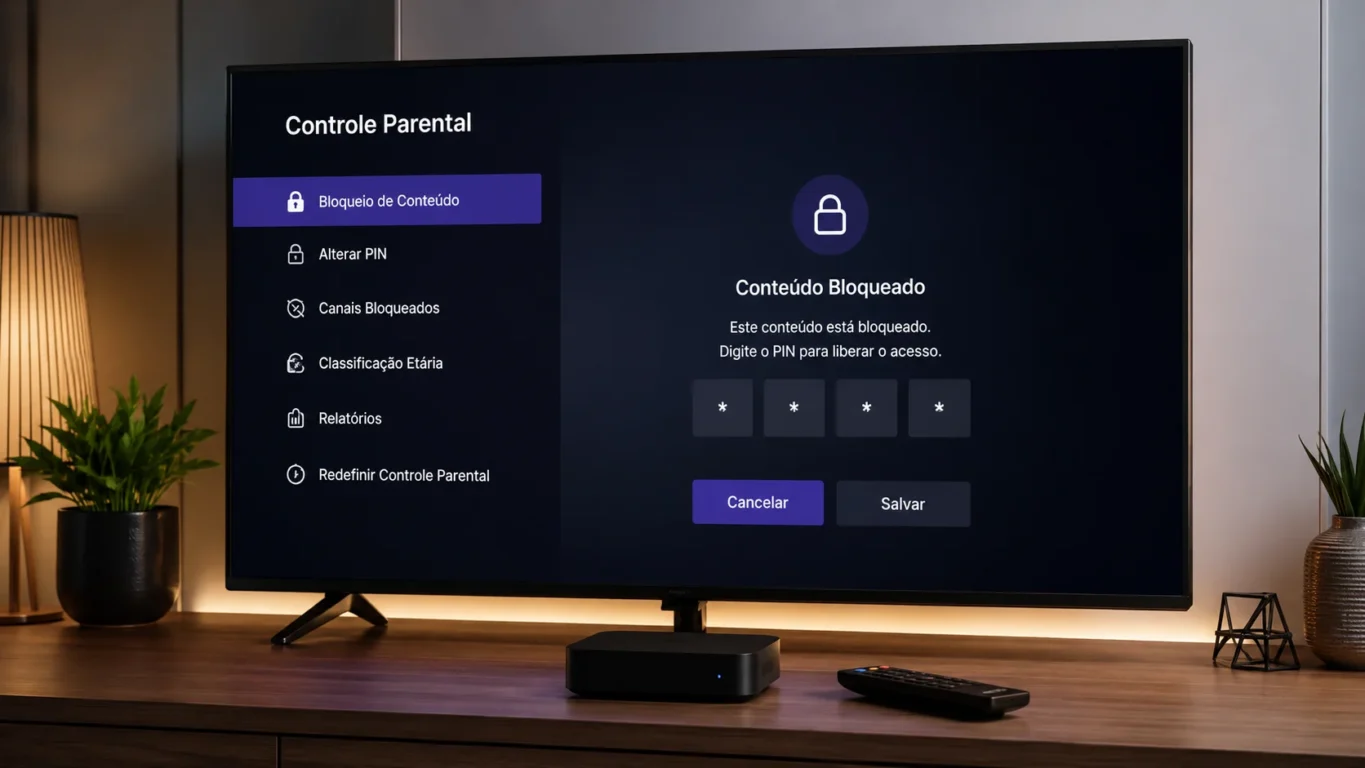 [Imagem: Tela de uma TV Box exibindo o menu de controle parental em uma televisão moderna.]