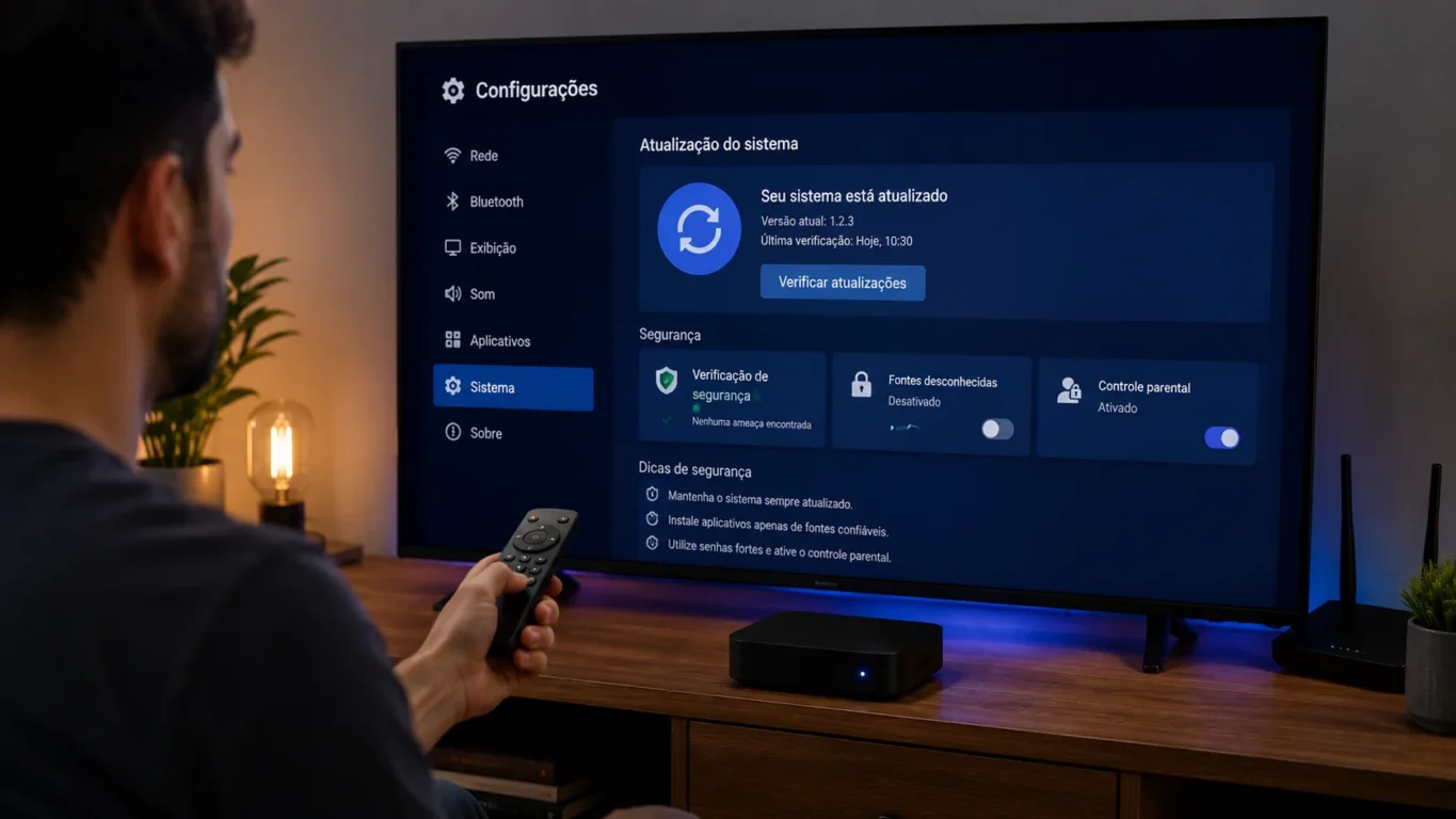 [Imagem: Usuário configurando uma TV Box com foco em segurança e atualização do sistema.]