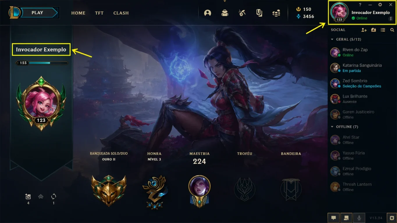 [Imagem: Tela inicial do League of Legends destacando o perfil do jogador e o nome de invocador.]