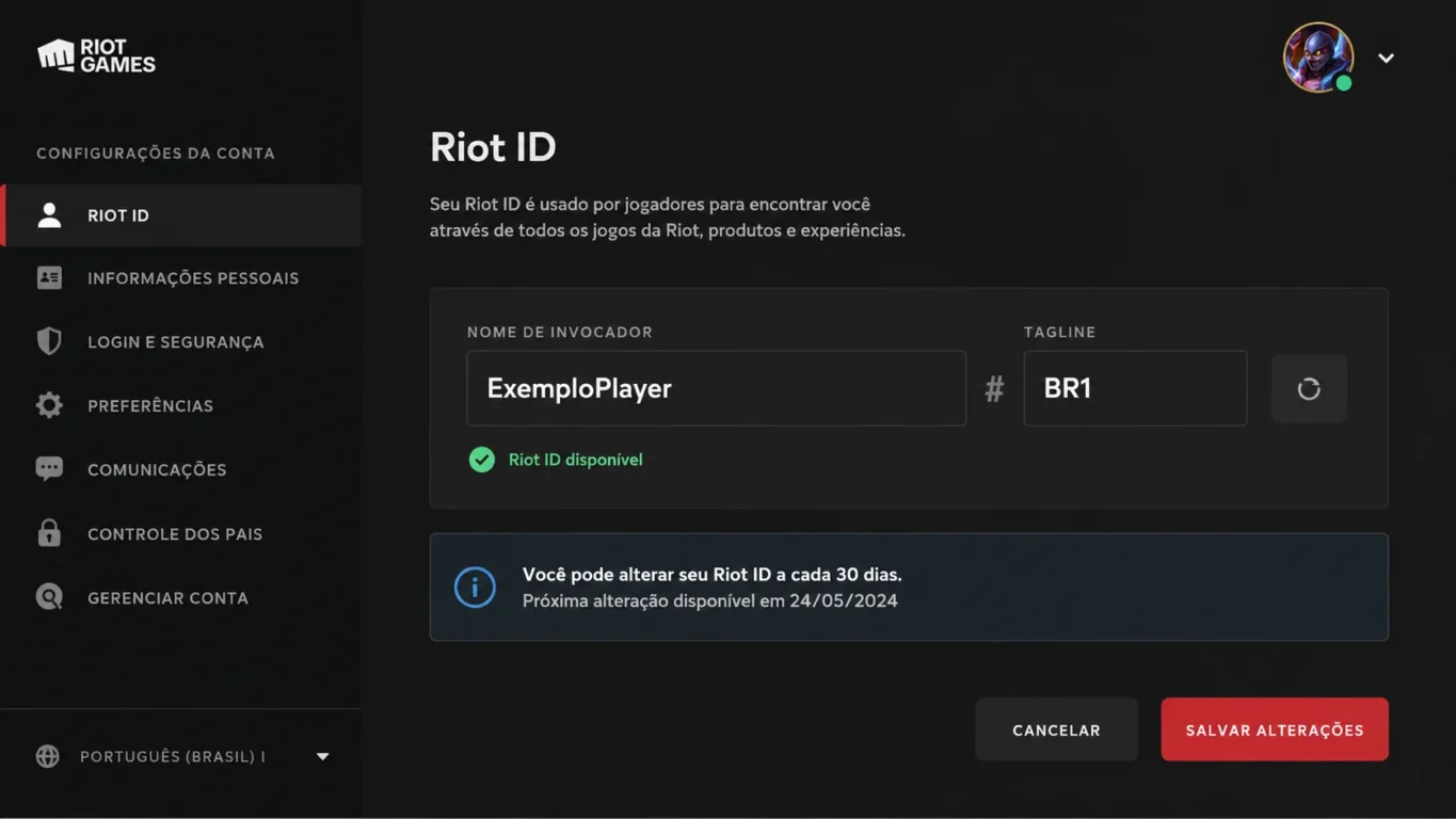 [Imagem: Página de configurações da conta Riot mostrando o campo Riot ID.]