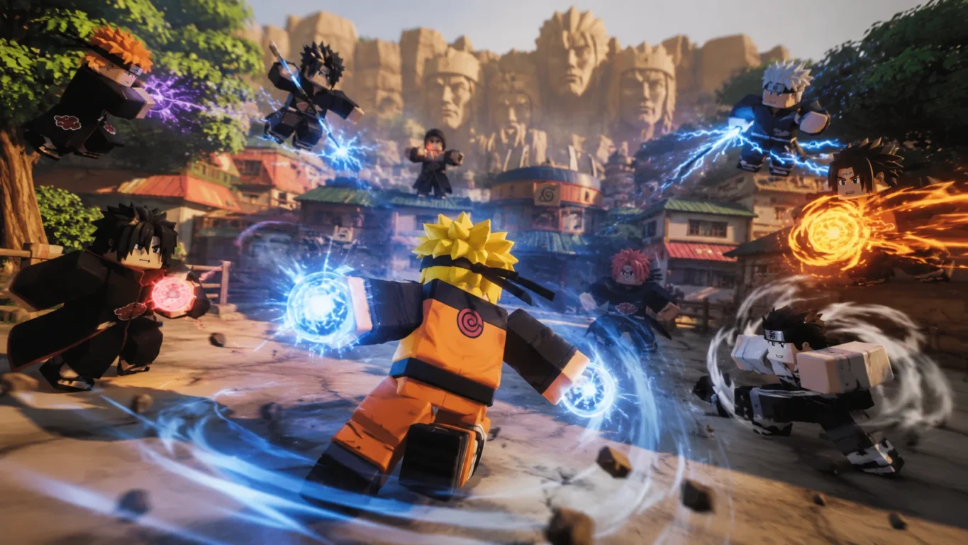 [Imagem: Personagem inspirado em Naruto enfrentando vários ninjas em um cenário do Roblox com efeitos de jutsus.]