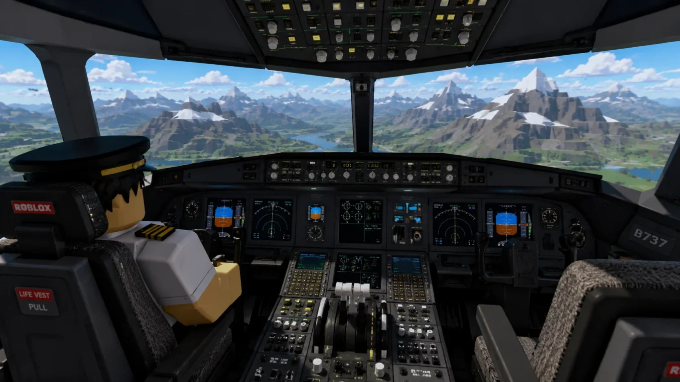 [Imagem: Cockpit detalhado de um avião comercial no Roblox durante um voo sobre montanhas.]