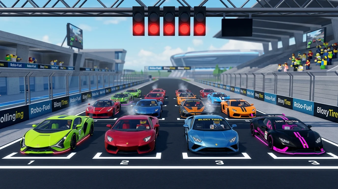 [Imagem: Diversos carros esportivos do Roblox alinhados em uma pista moderna prontos para uma corrida.]