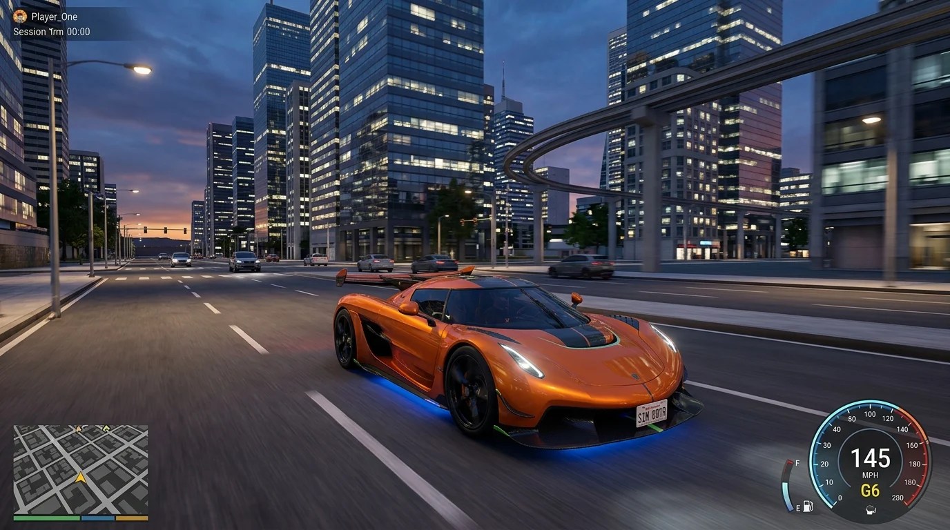 [Imagem: Supercarro personalizado circulando por uma cidade moderna dentro do Vehicle Simulator.]