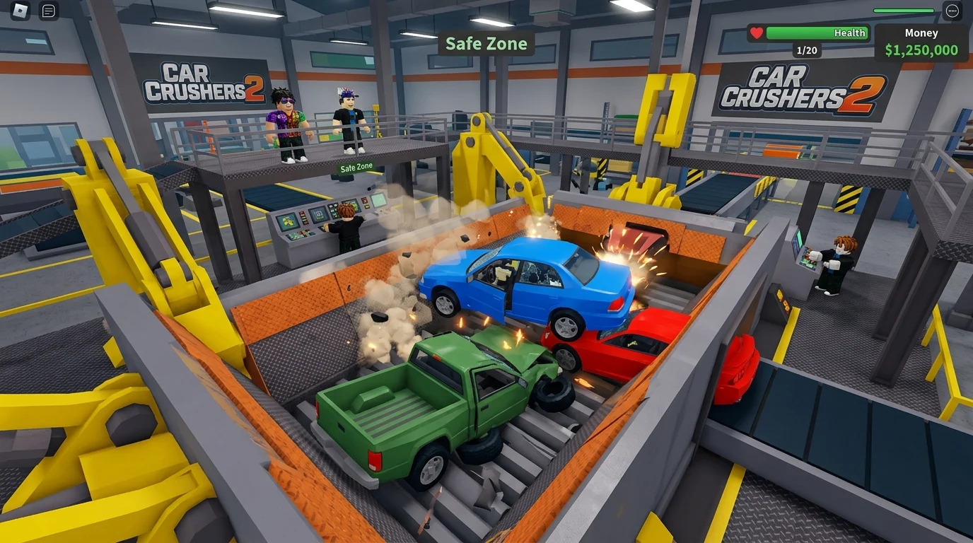 [Imagem: Vários carros sendo destruídos em uma gigantesca máquina trituradora dentro do Car Crushers 2.]