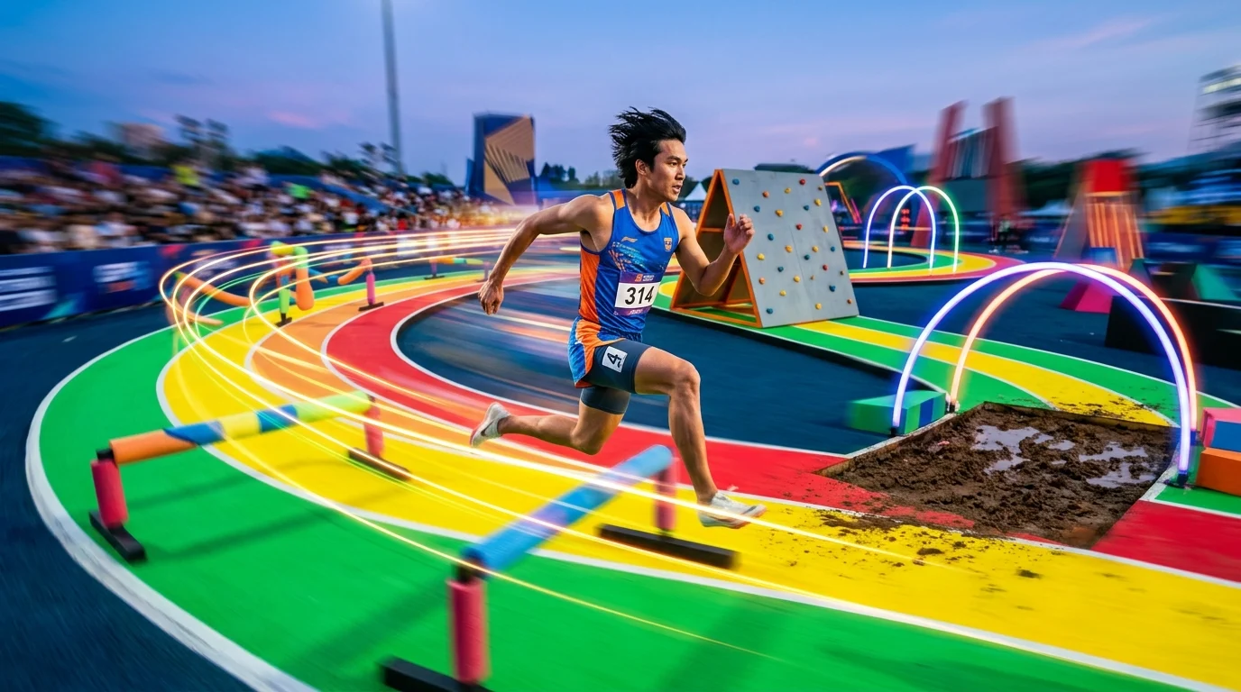 [Imagem: Personagem correndo em uma pista colorida cheia de obstáculos e efeitos de velocidade.]