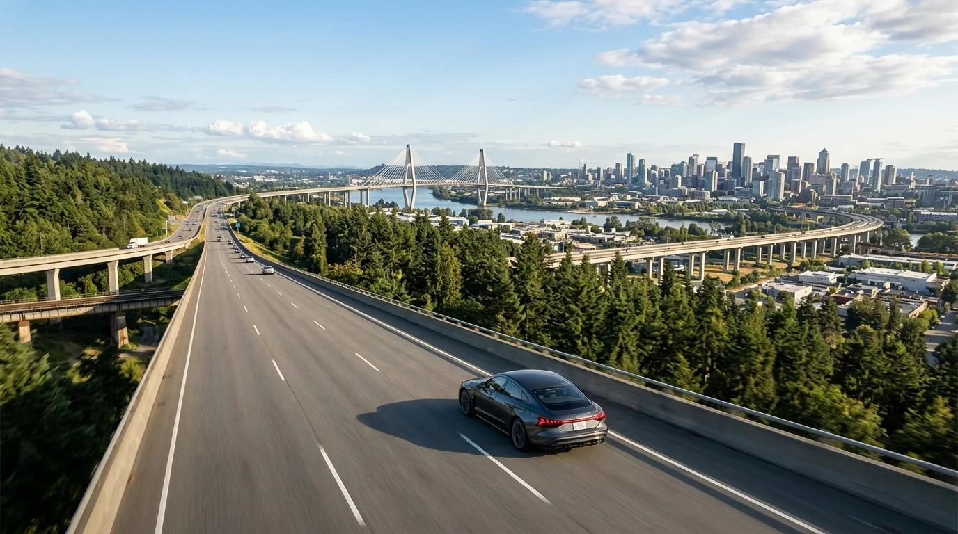 [Imagem: Carro percorrendo uma longa estrada cercada por cidades, florestas e pontes.]