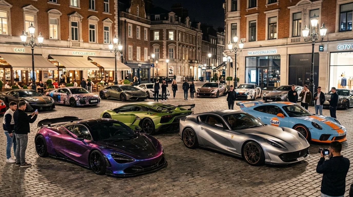 [Imagem: Diversos supercarros personalizados estacionados em uma praça iluminada durante a noite.]