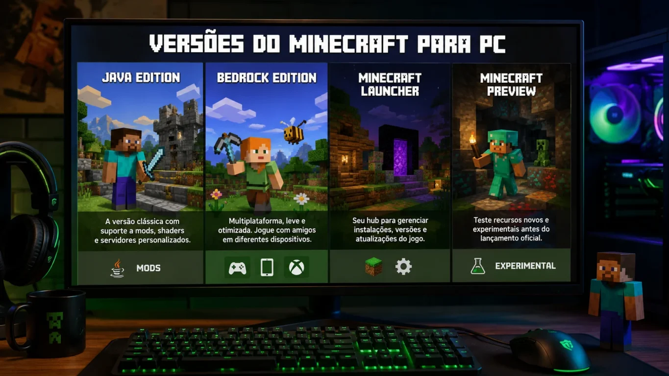 [Imagem: Comparação entre as principais versões do Minecraft para PC exibidas lado a lado em um computador gamer.]