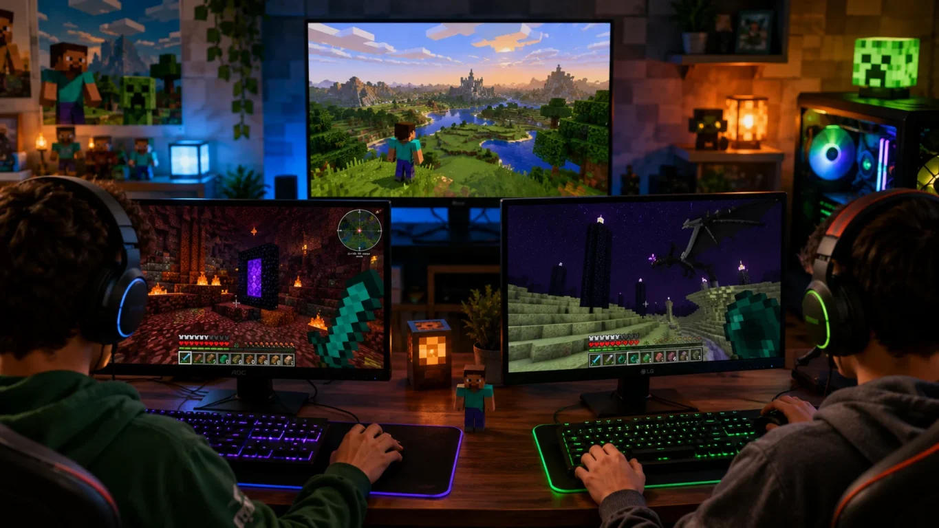 [Imagem: Jogadores explorando diferentes mundos de Minecraft em computadores com interfaces distintas.]