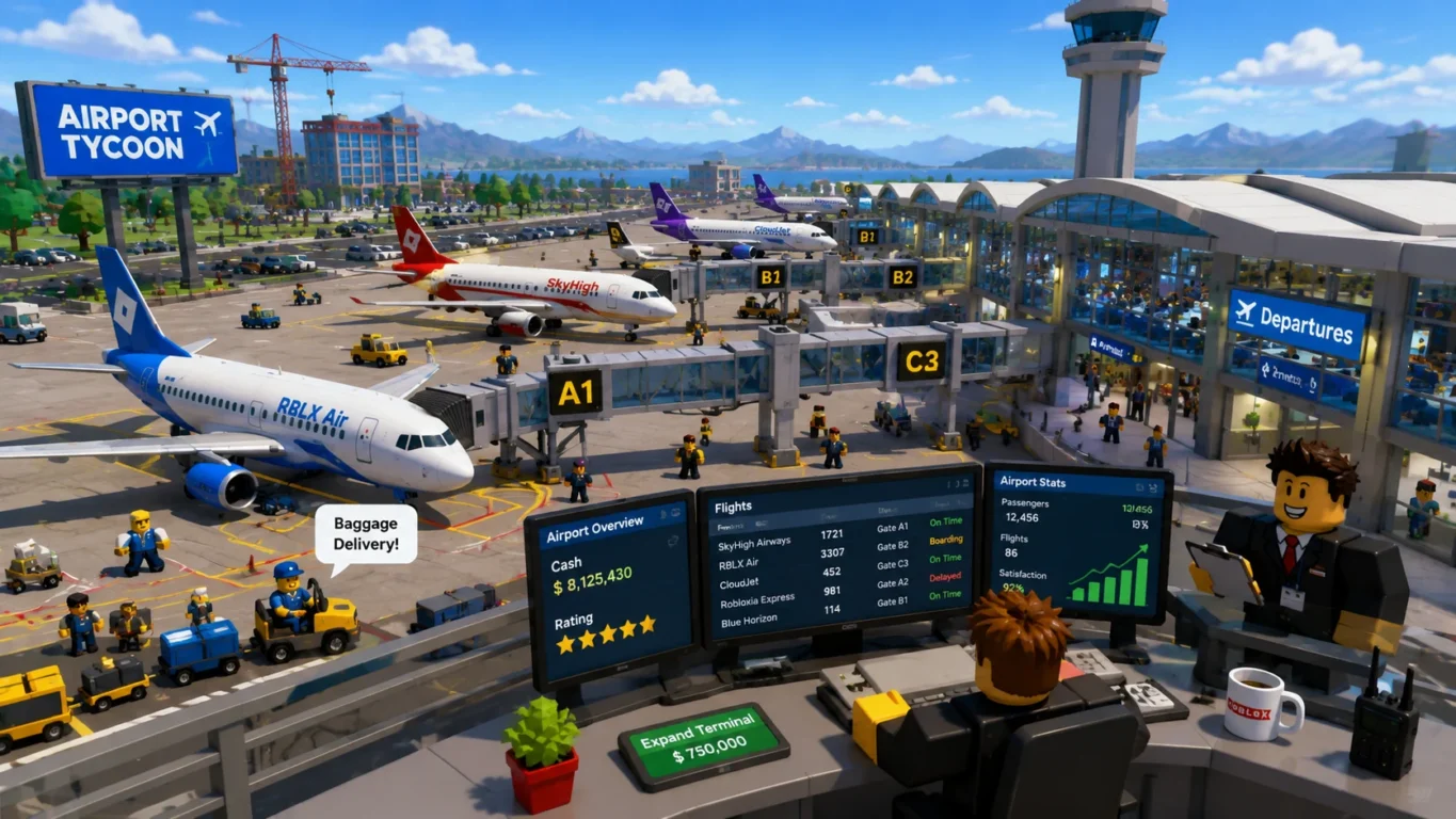 [Imagem: Aeroporto moderno do Roblox com aviões estacionados, terminais e jogadores administrando o local.]
