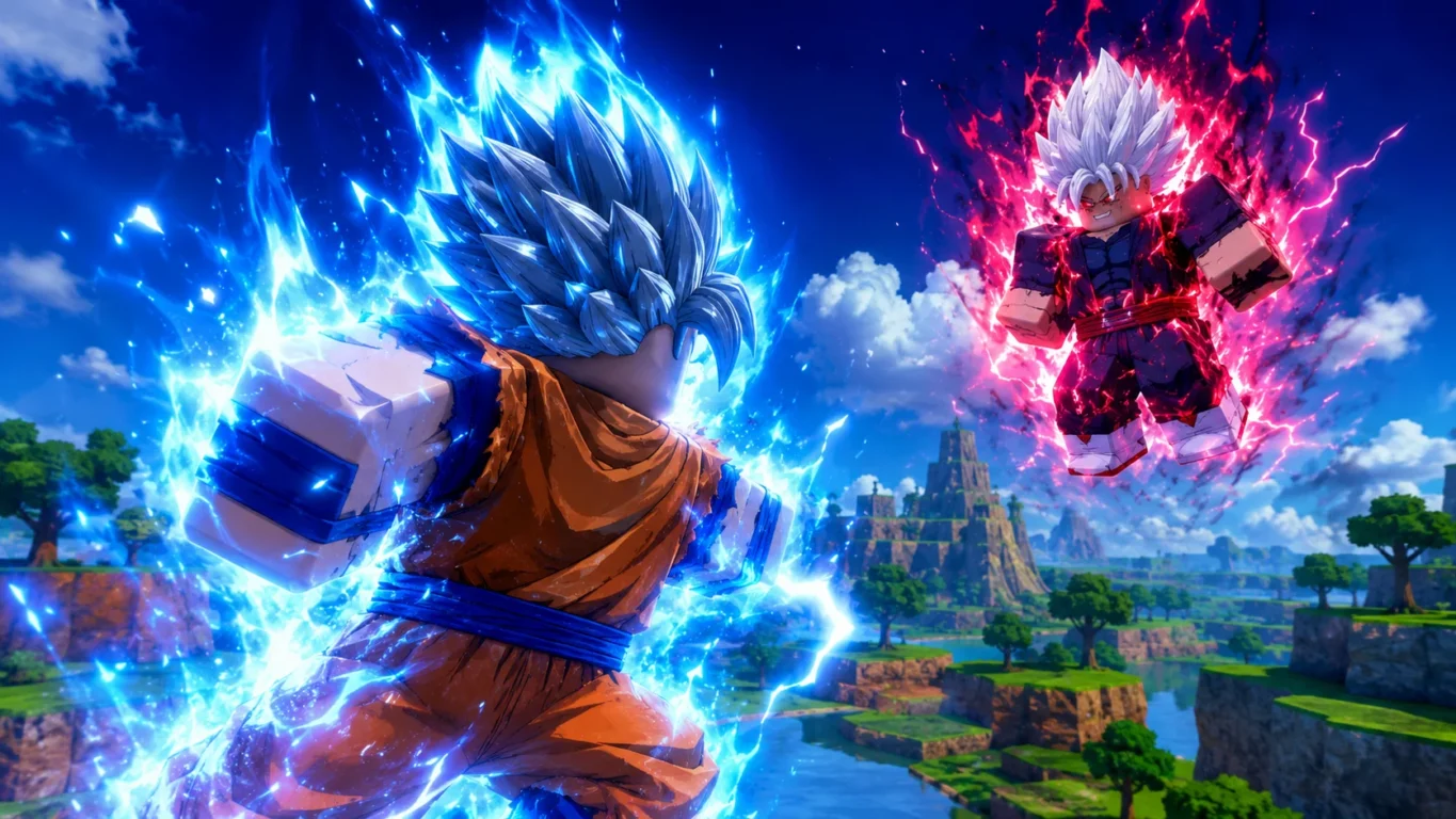 [Imagem: Personagem de Dragon Ball Hyper Blood utilizando uma transformação poderosa enquanto enfrenta um inimigo em Roblox.]