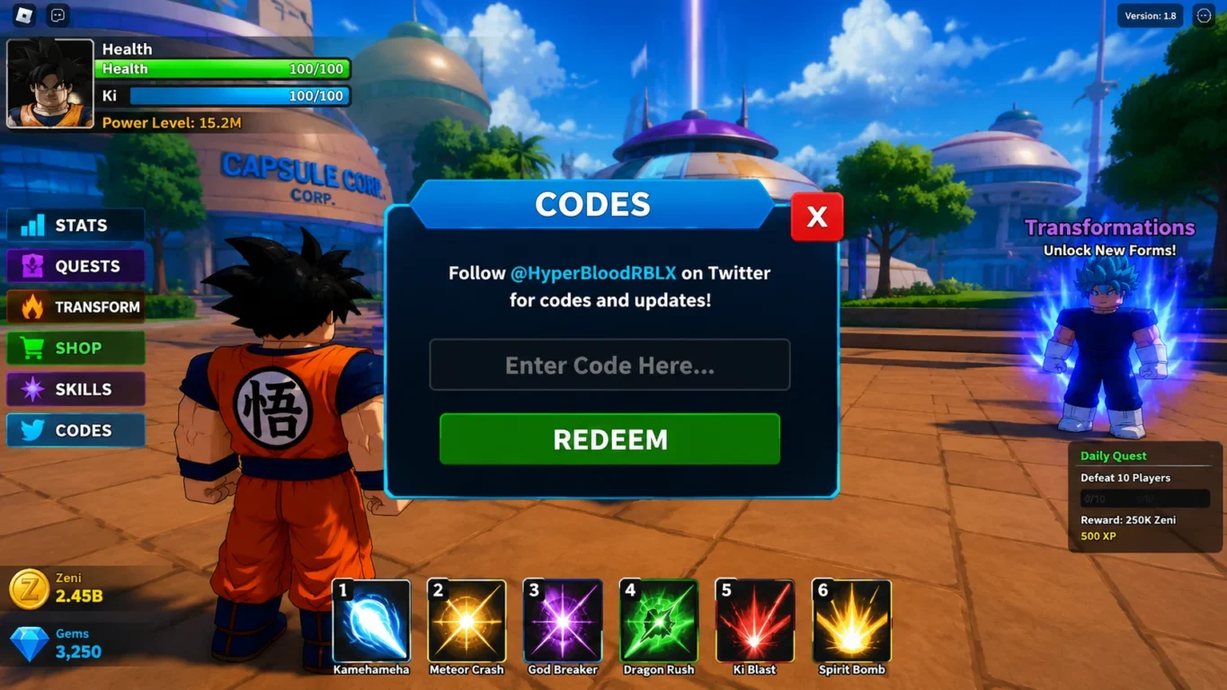[Imagem: Tela de resgate de códigos dentro de Dragon Ball Hyper Blood no Roblox.]