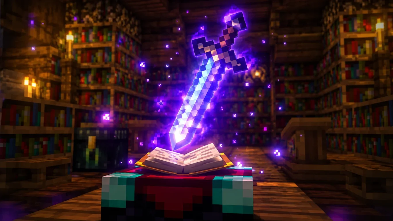 [Imagem: Espada de Netherita encantada brilhando sobre uma mesa de encantamentos dentro de uma biblioteca do Minecraft.]