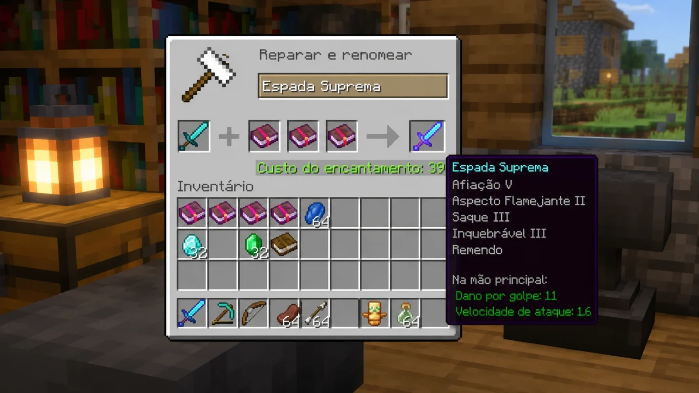 [Imagem: Interface da bigorna combinando livros encantados para criar uma espada perfeita.]