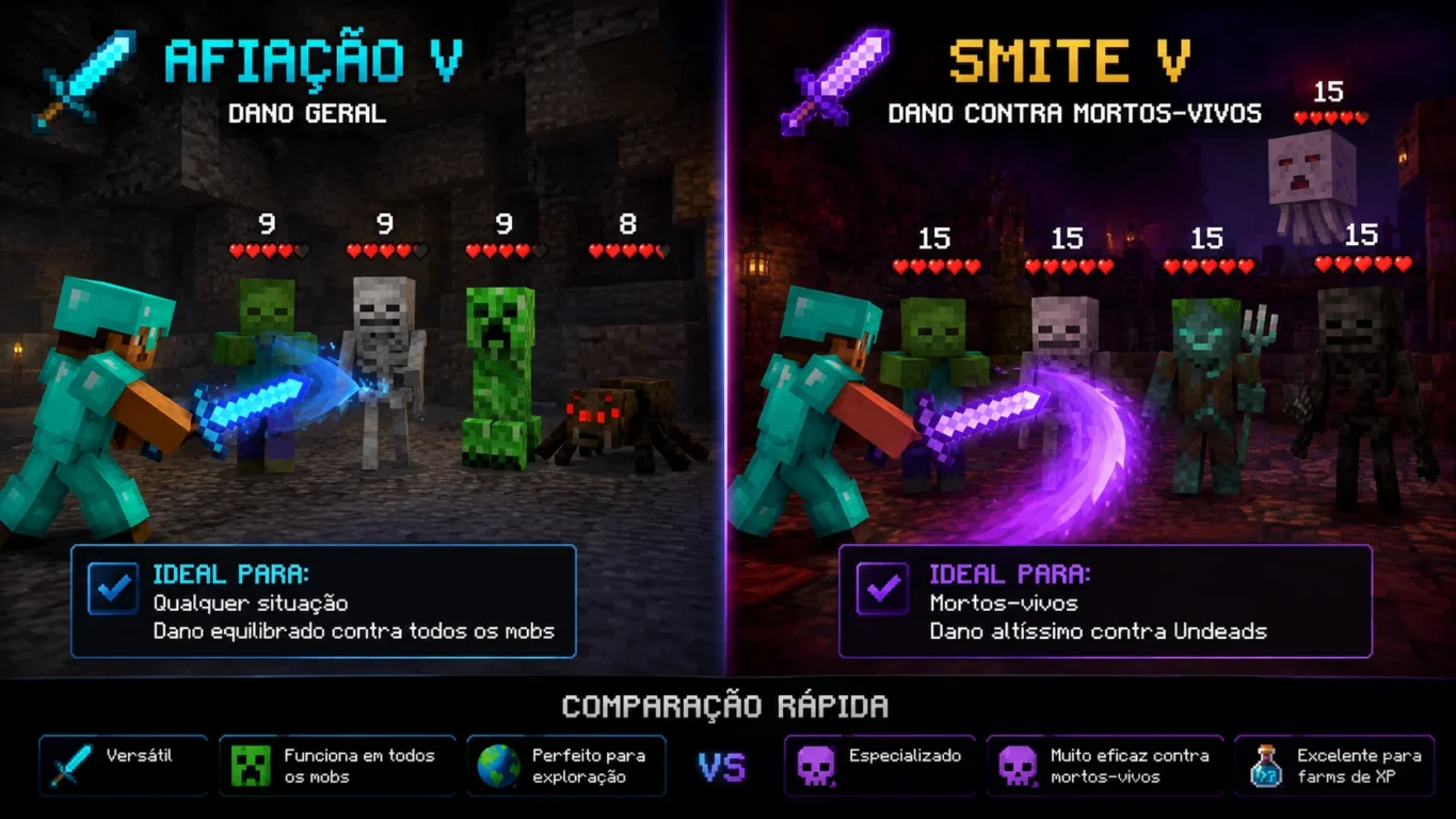 [Imagem: Comparação entre uma espada com Afiação e outra com Smite enfrentando diferentes mobs.]