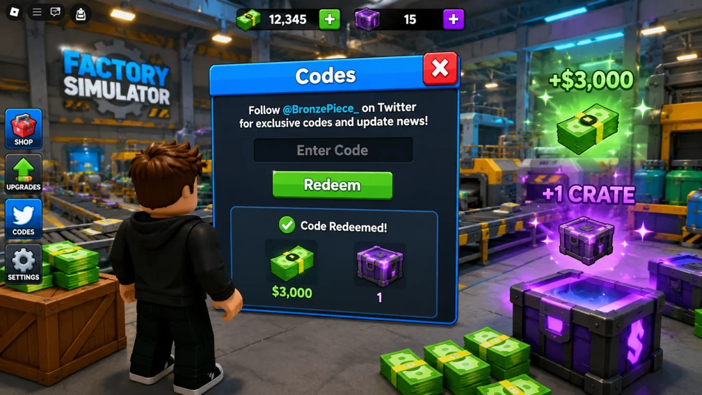 [Imagem: Jogador utilizando a tela de resgate de códigos no Factory Simulator enquanto recebe recompensas gratuitas.]