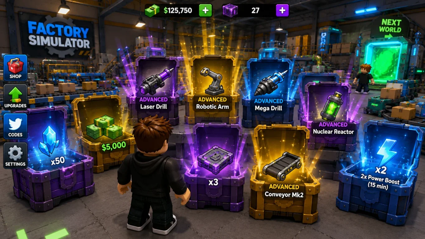 [Imagem: Diversas Advanced Crates abertas dentro do Factory Simulator mostrando equipamentos e recompensas.]