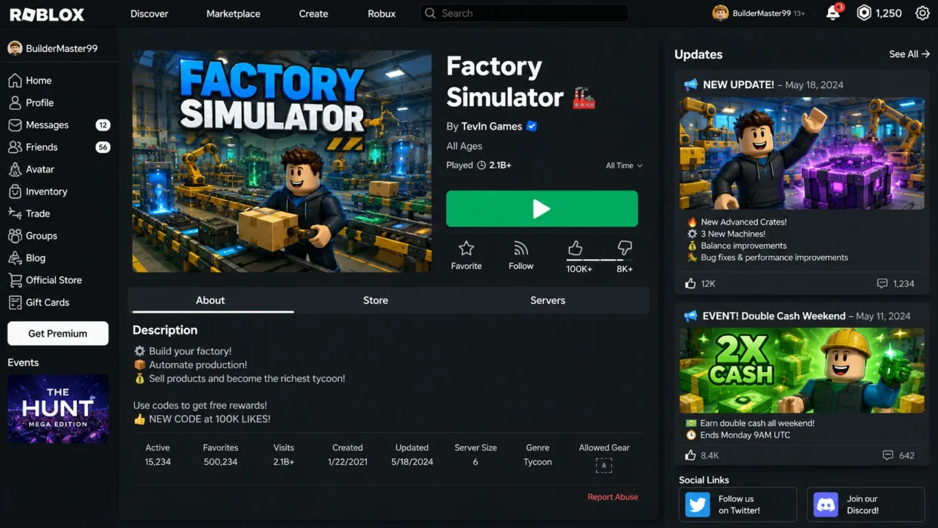 [Imagem: Interface do Roblox mostrando a página oficial do Factory Simulator e anúncios de novas atualizações.]