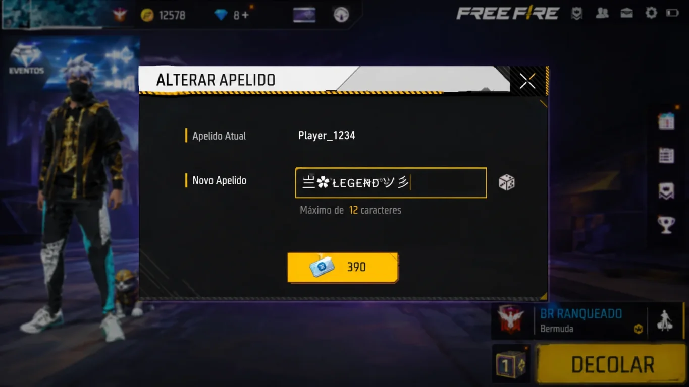 [Imagem: Tela de alteração de nome do Free Fire mostrando a inserção de um nick estilizado.]