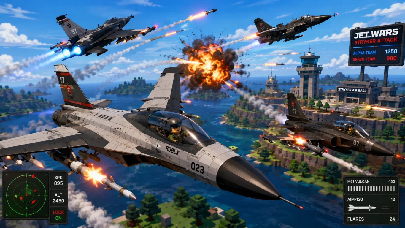 [Imagem: Caças realizando combate aéreo com explosões e mísseis no céu.]