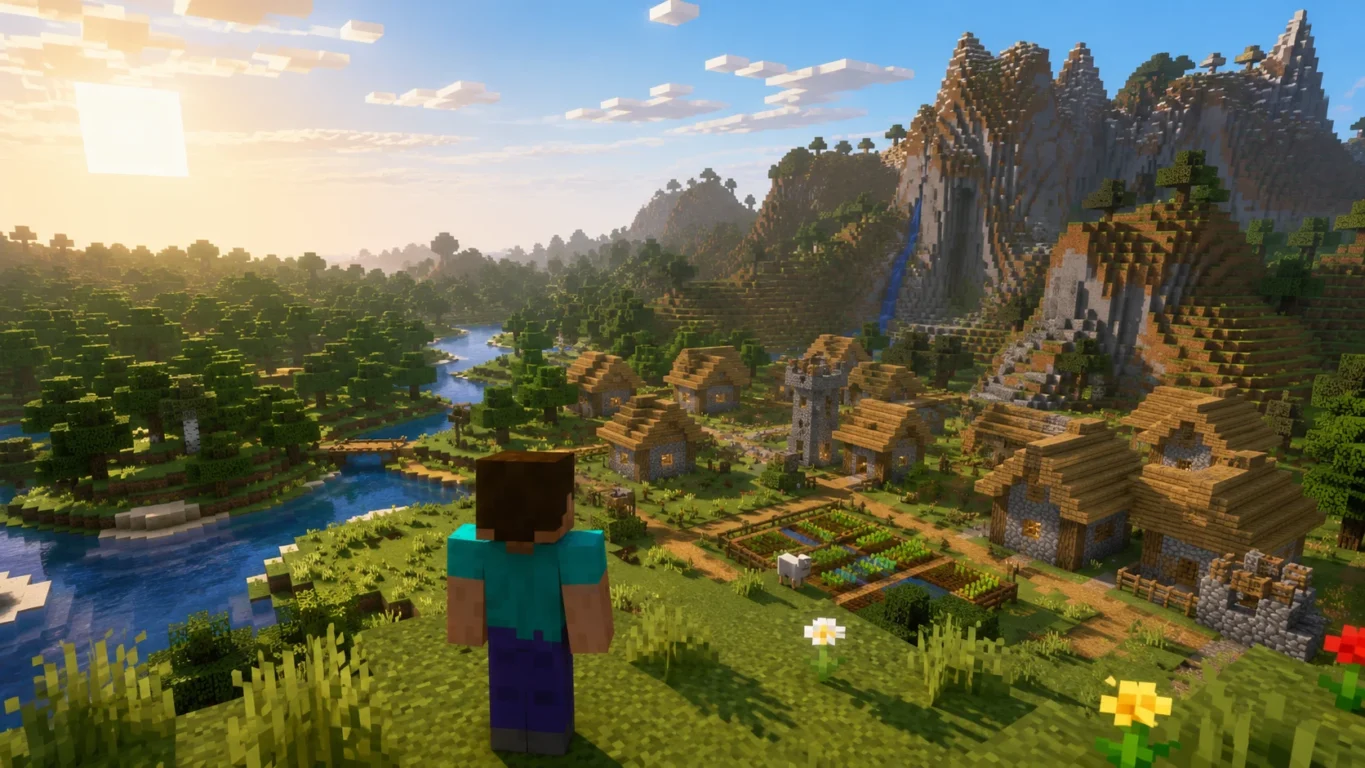 [Imagem: jogador surgindo em um mundo do Minecraft com vila, floresta e montanhas visíveis logo no spawn]