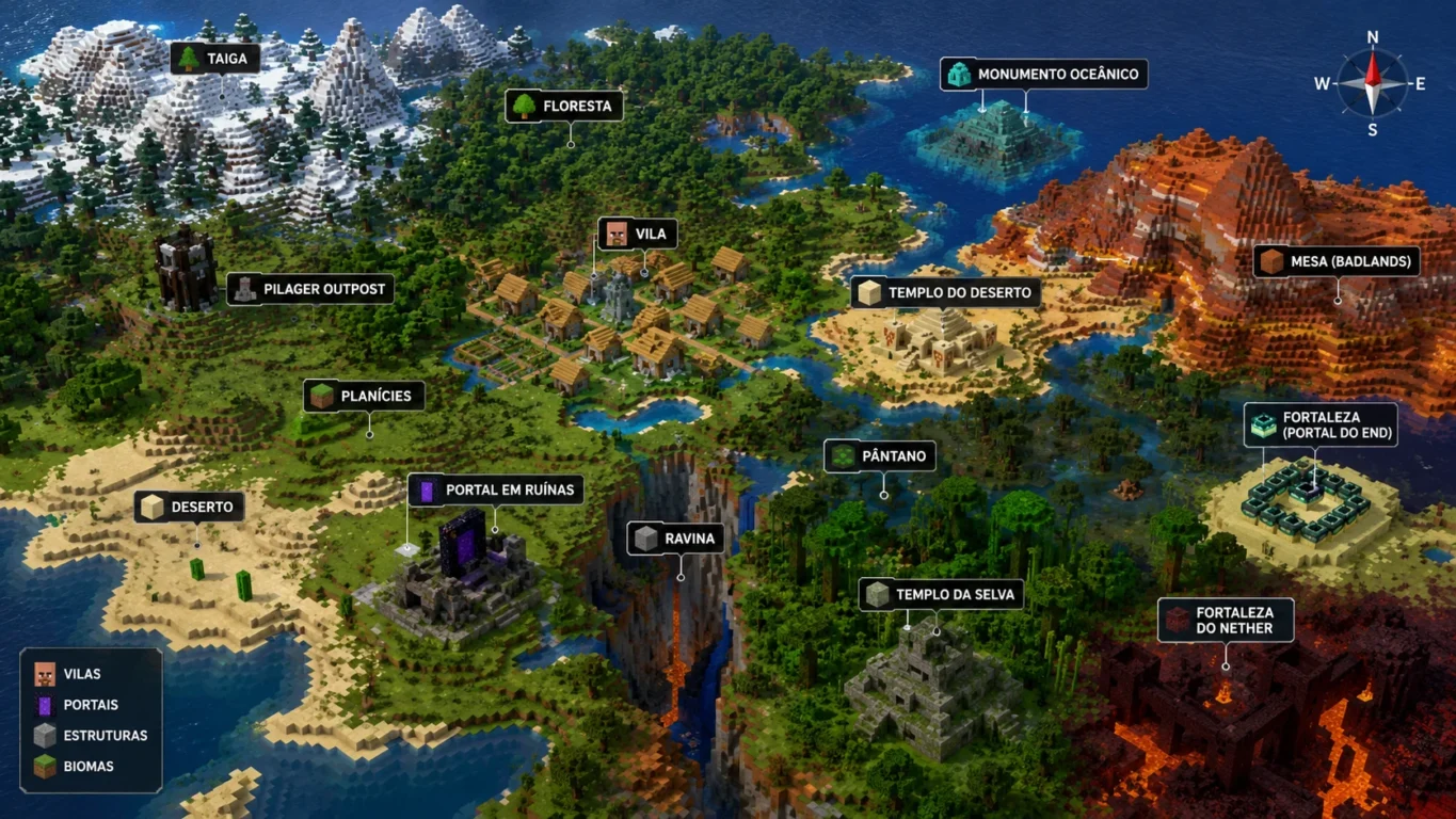 [Imagem: mapa mostrando diferentes biomas e estruturas importantes do Minecraft]