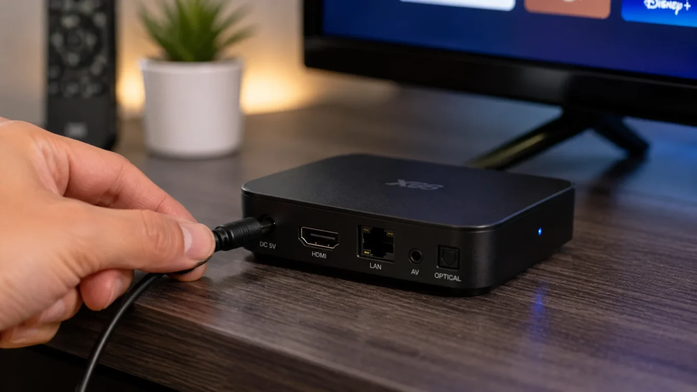 [Imagem: Cabo de alimentação sendo reconectado a um TV Box.]