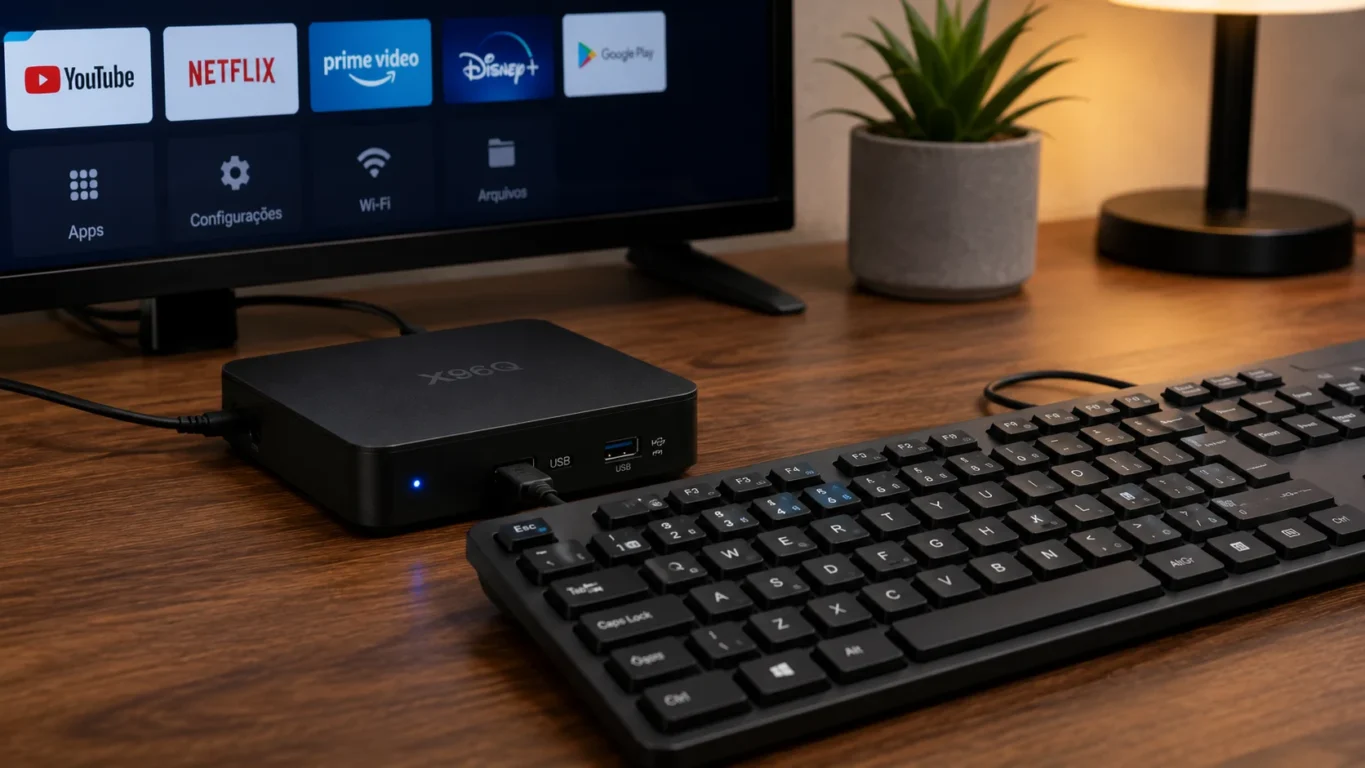 [Imagem: Teclado USB conectado a um TV Box.]