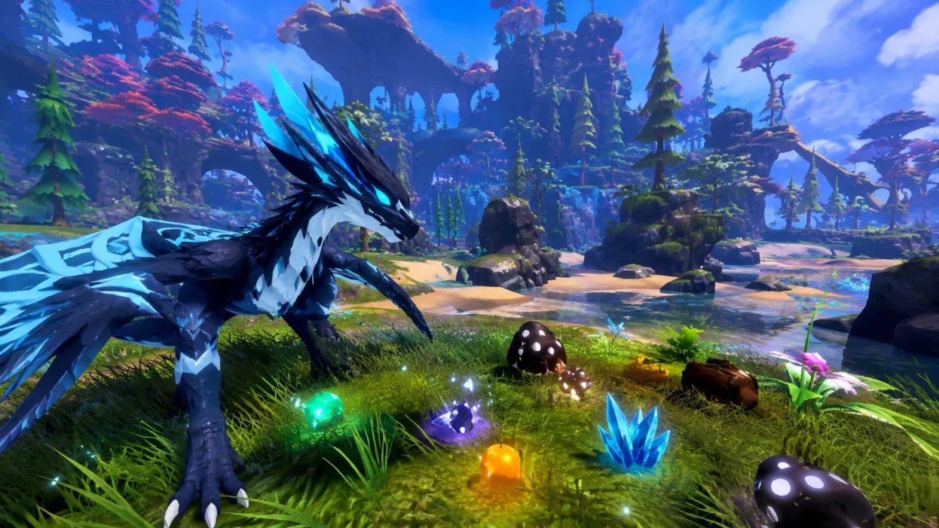 [Imagem: Criatura de Creatures of Sonaria explorando um ambiente exuberante com itens espalhados pelo mapa.]