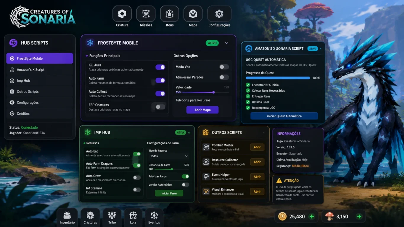 [Imagem: Interface ilustrativa mostrando diferentes ferramentas de automação para Creatures of Sonaria.]