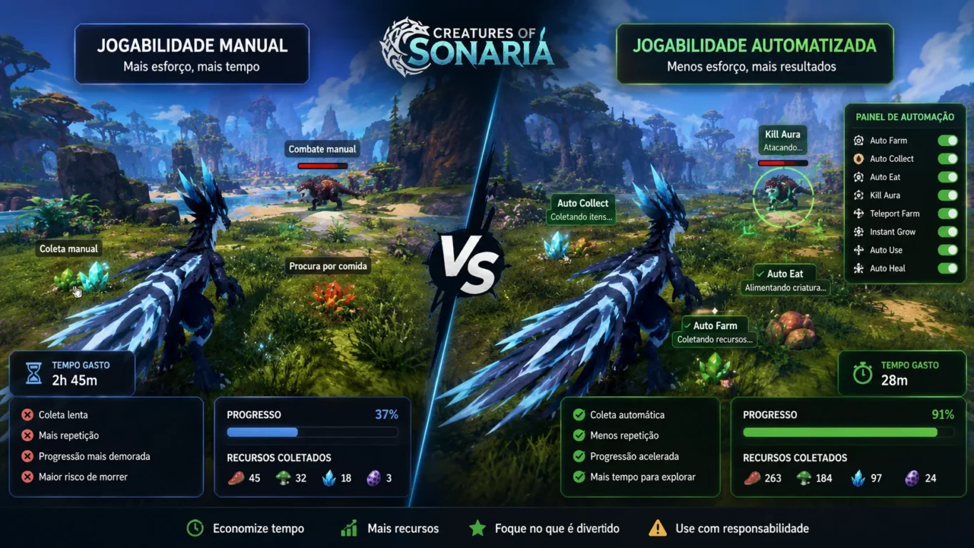 [Imagem: Comparação ilustrativa entre jogabilidade manual e automatizada em Creatures of Sonaria.]