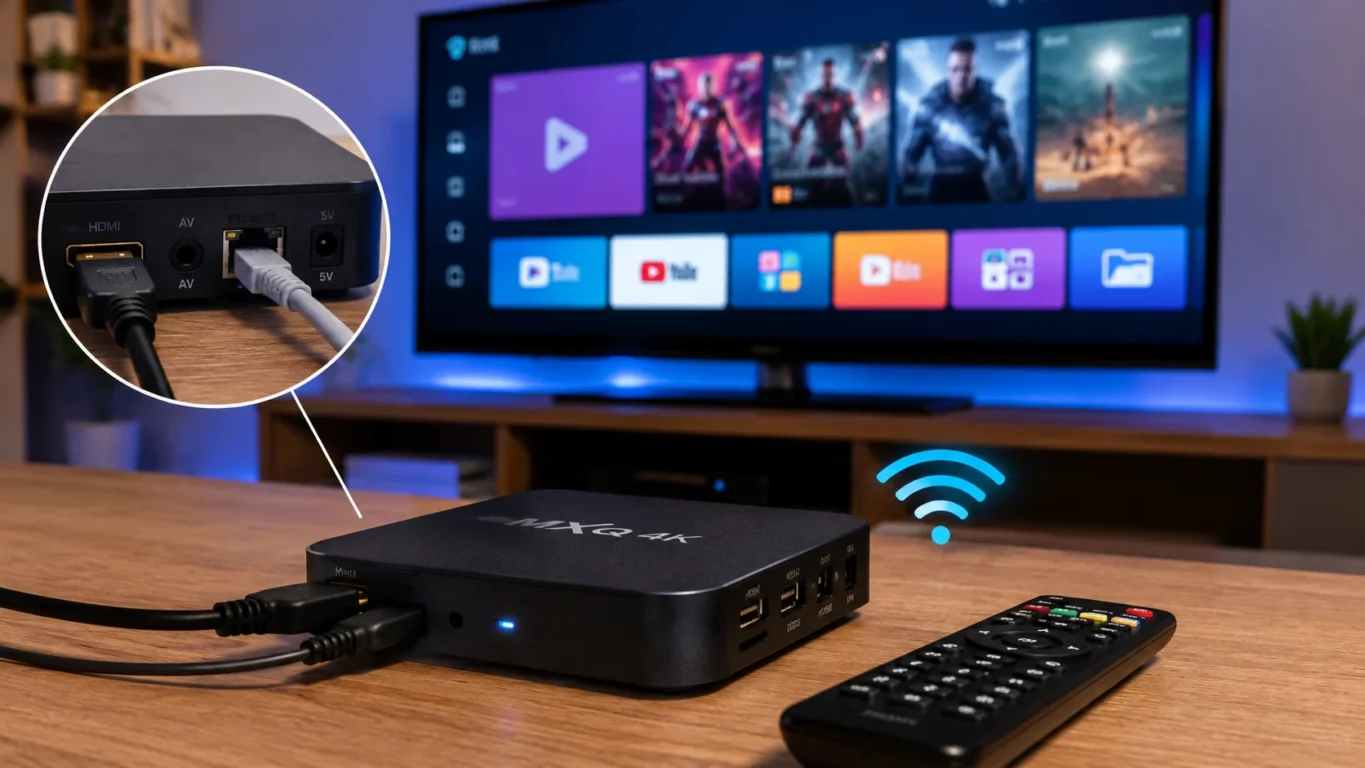 [Imagem: TV Box MXQ 4K conectado a uma televisão, com controle remoto, cabo HDMI e conexão Wi-Fi visíveis]