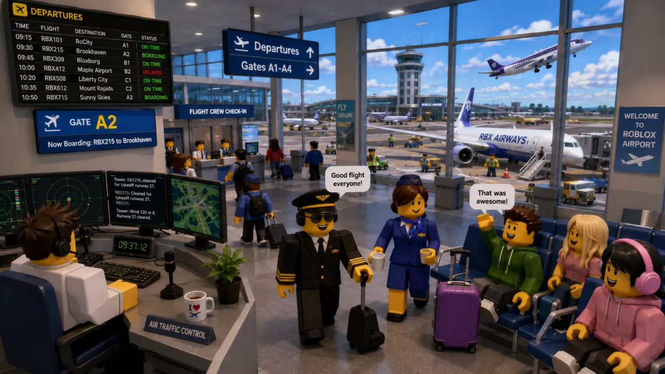 [Imagem: Jogadores interpretando pilotos, passageiros e controladores em um aeroporto movimentado.]
