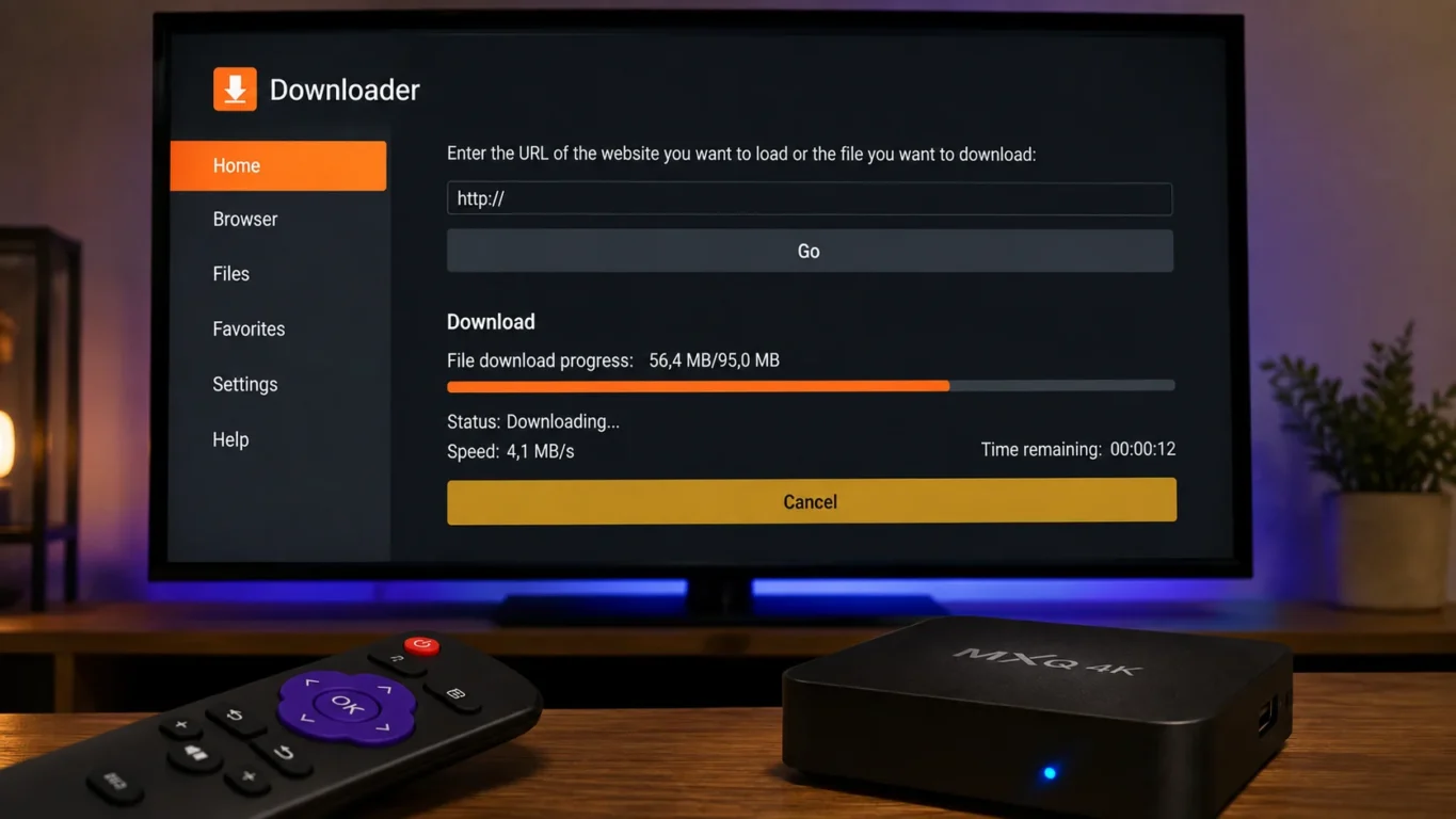 [Imagem: tela de um TV Box Android mostrando o aplicativo Downloader e a etapa de download de um arquivo APK]