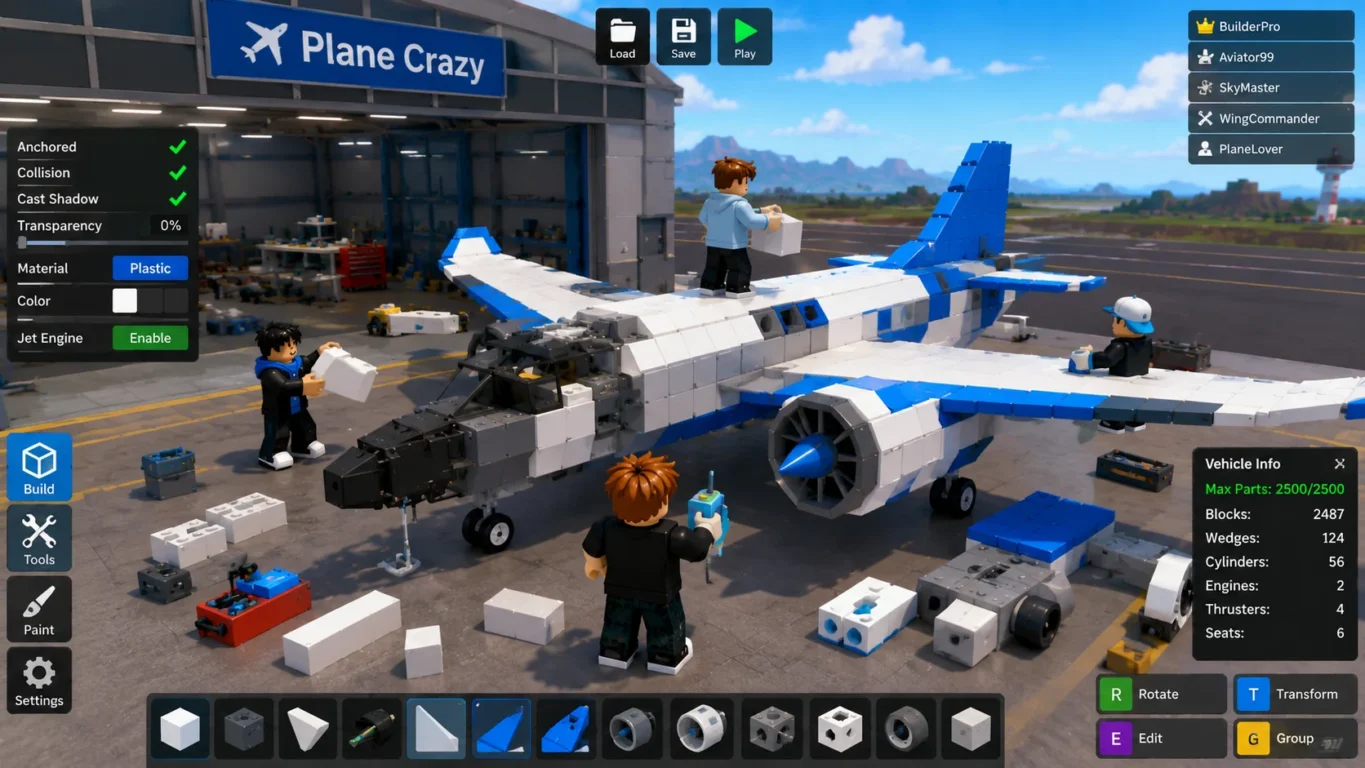 [Imagem: Avião totalmente personalizado sendo construído peça por peça dentro do Roblox.]