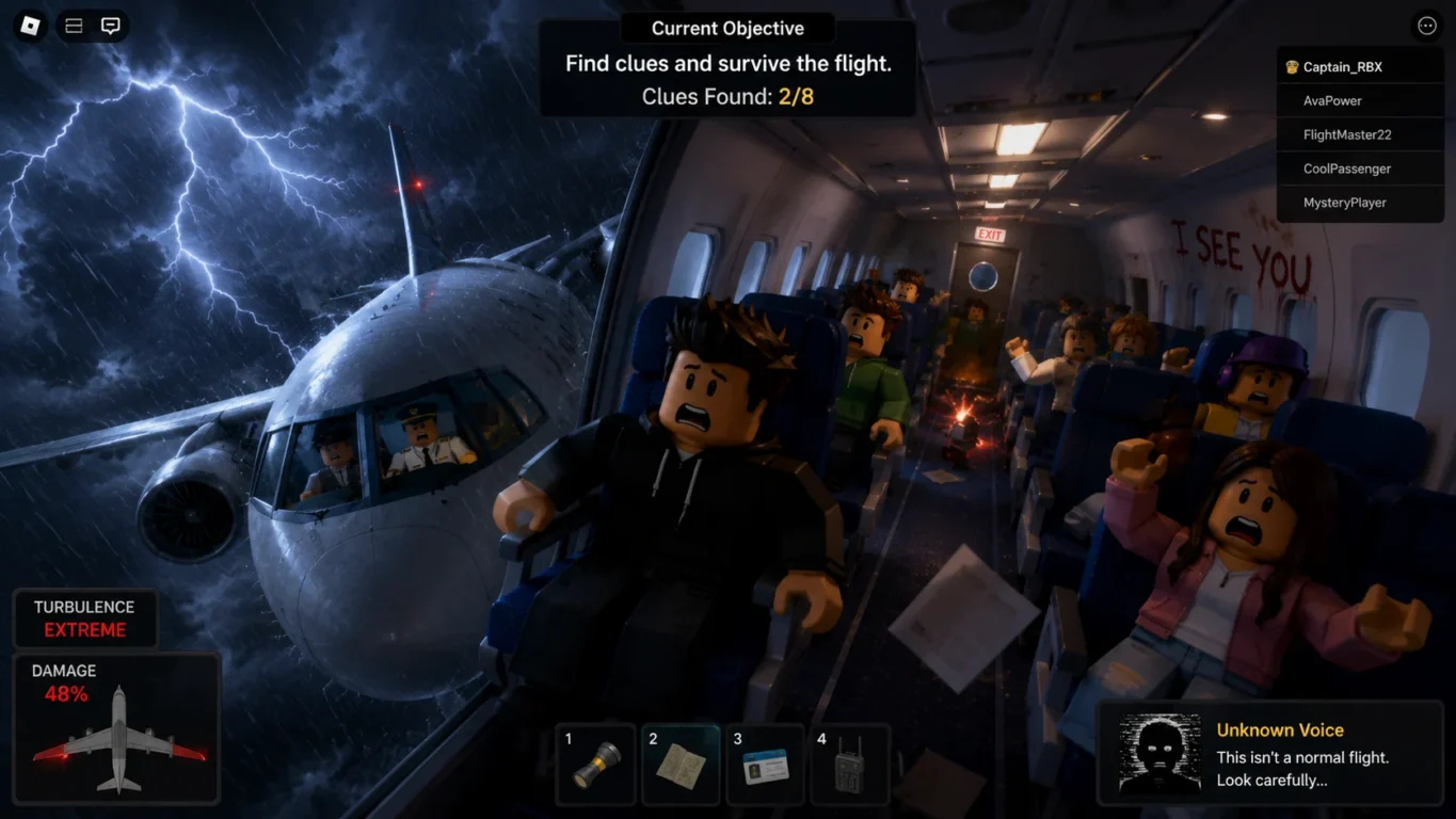 [Imagem: Avião atravessando uma tempestade enquanto passageiros enfrentam situações misteriosas.]
