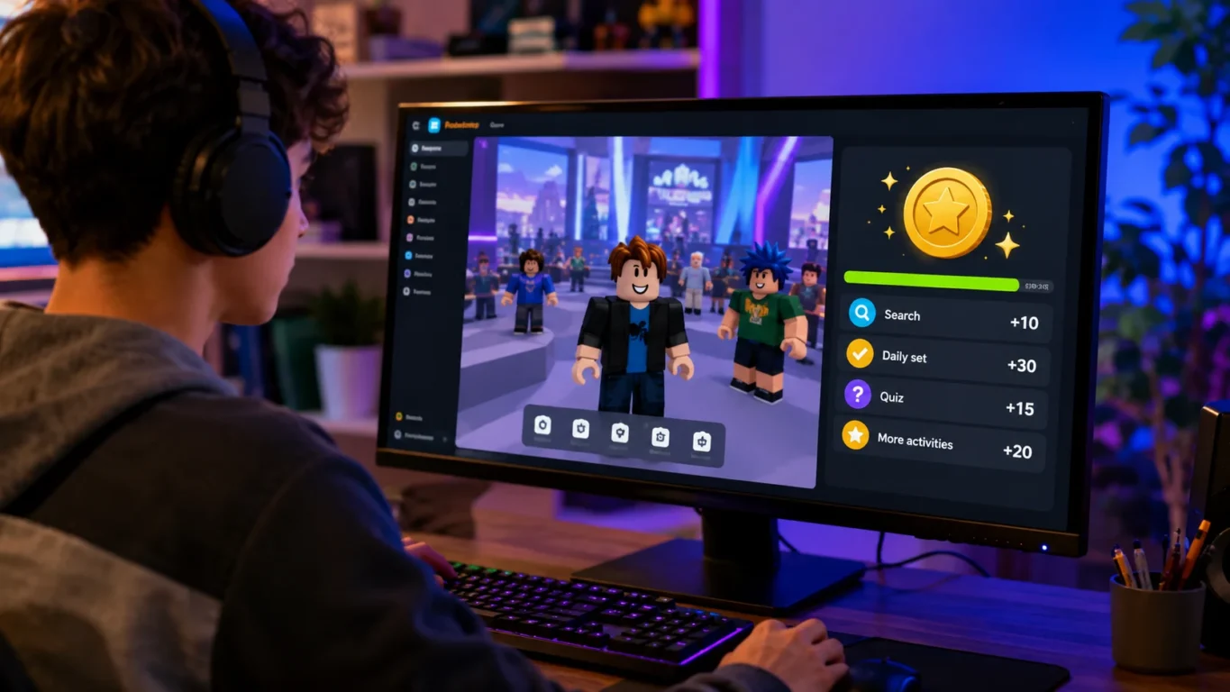 [Imagem: Pessoa usando um computador com Roblox aberto enquanto acumula pontos em programas de recompensa.]