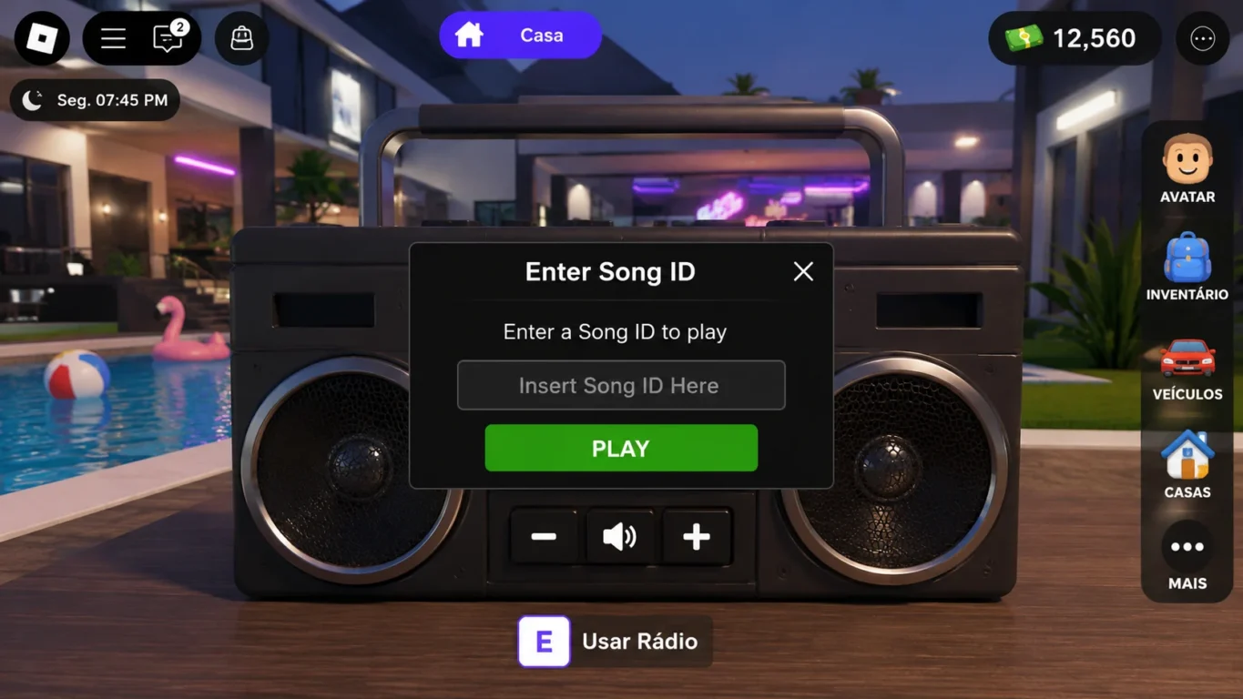 [Imagem: Interface de um rádio ou boombox dentro do Roblox mostrando o campo para inserir Song ID.]