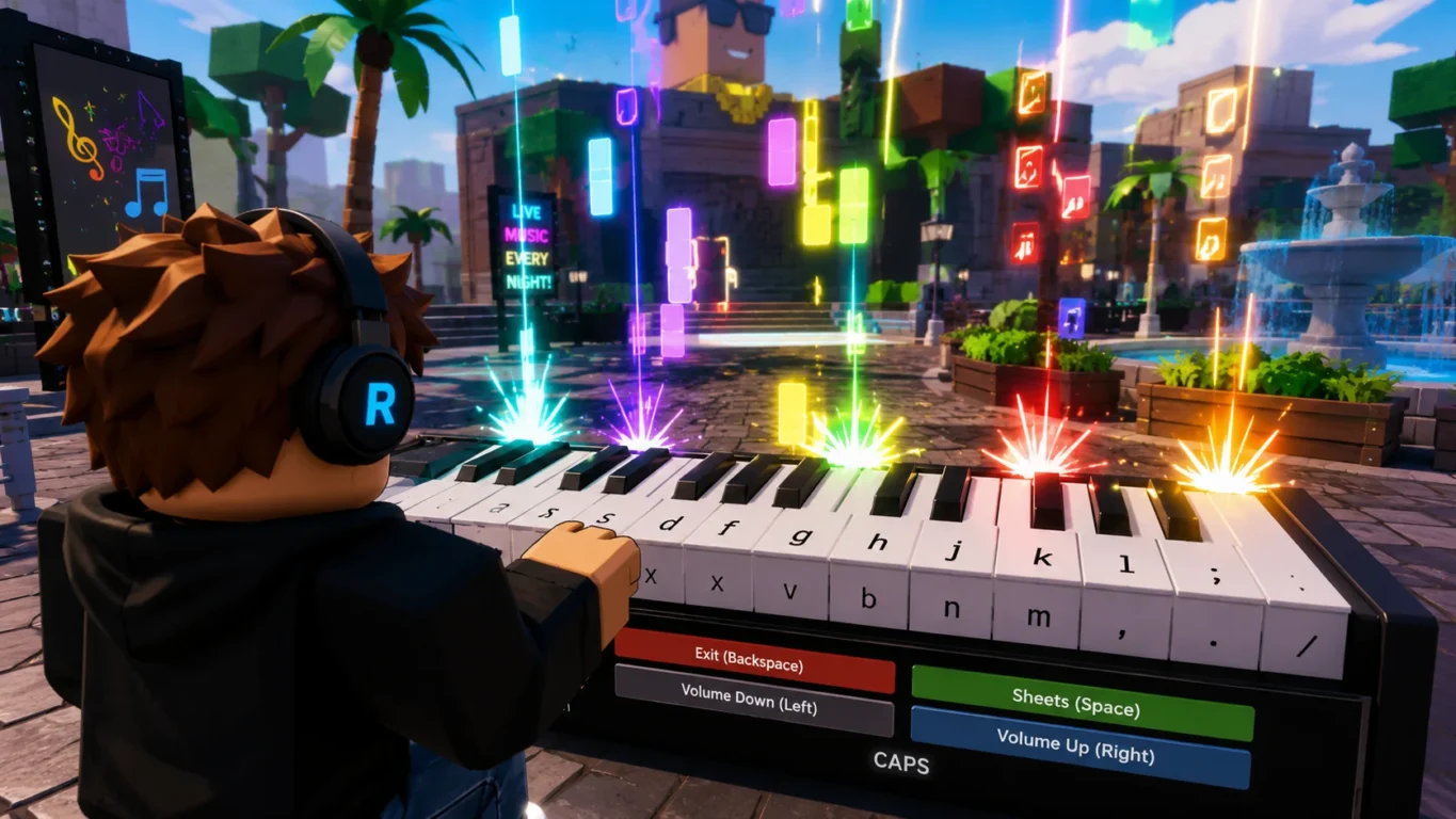 [Imagem: Jogador utilizando o Roblox Piano com o teclado virtual destacado e várias notas coloridas aparecendo na tela.]