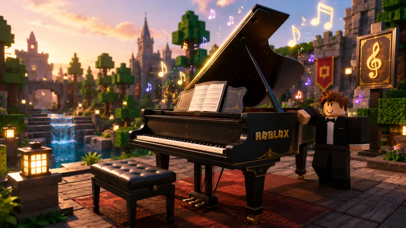 [Imagem: Representação elegante de um piano clássico misturado ao cenário do Roblox.]