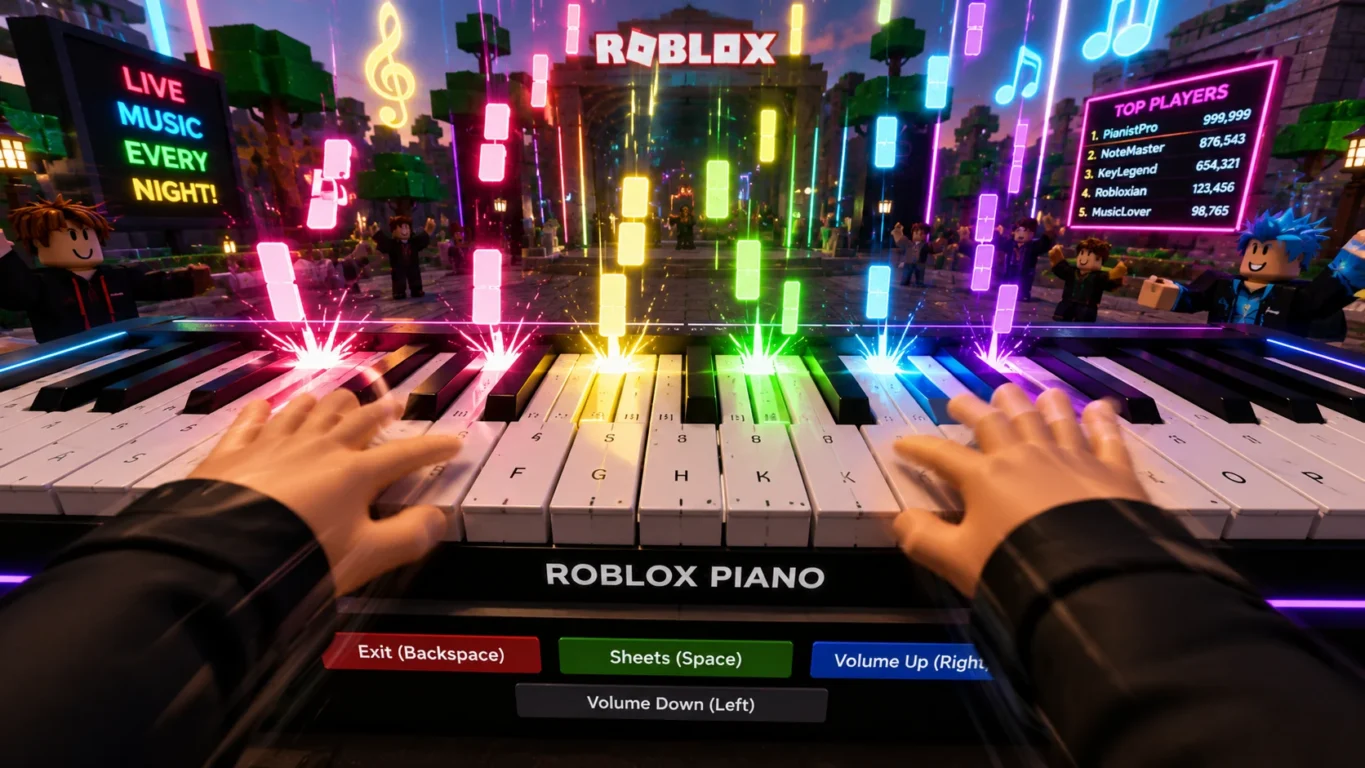 [Imagem: Mãos pressionando rapidamente diversas teclas do Roblox Piano durante uma música acelerada.]