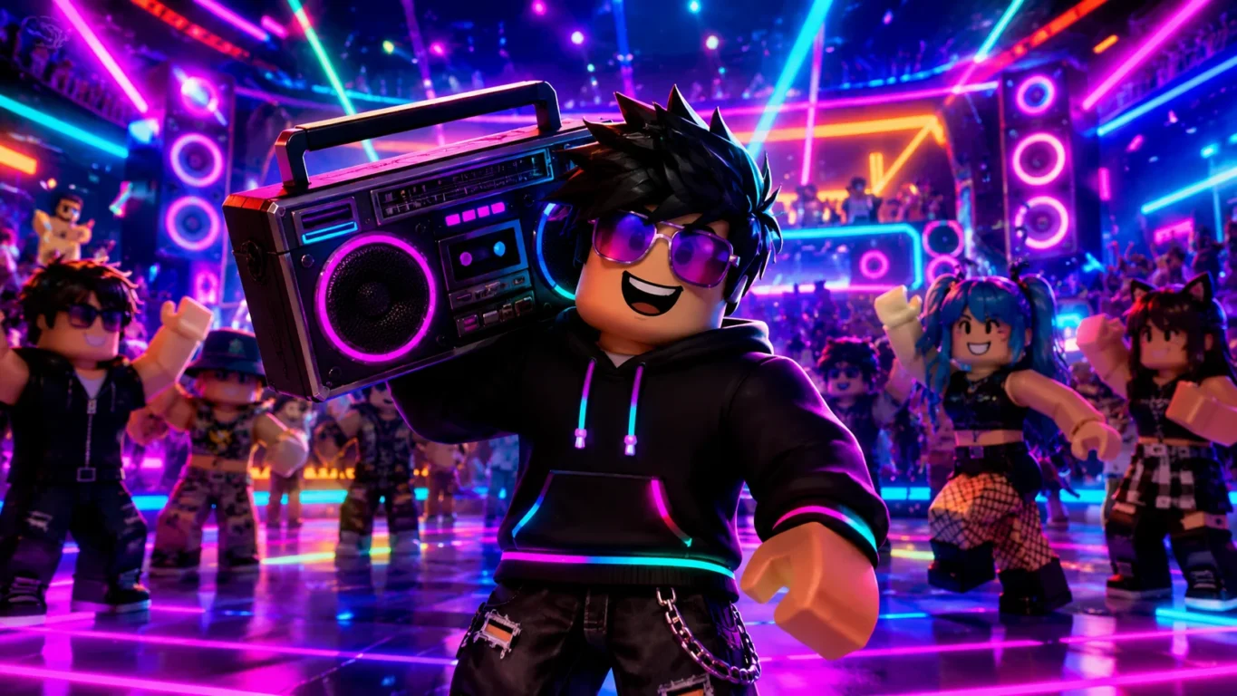[Imagem: Avatar do Roblox utilizando um Boombox em uma festa cheia de luzes neon.]